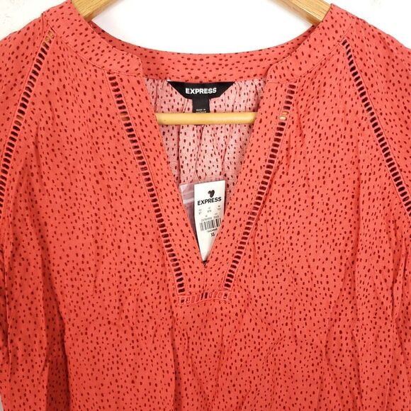 Express TOp Womens Size XS Polka Dot New Roll Tab Sleeves V Neck Red New - Picture 2 of 9